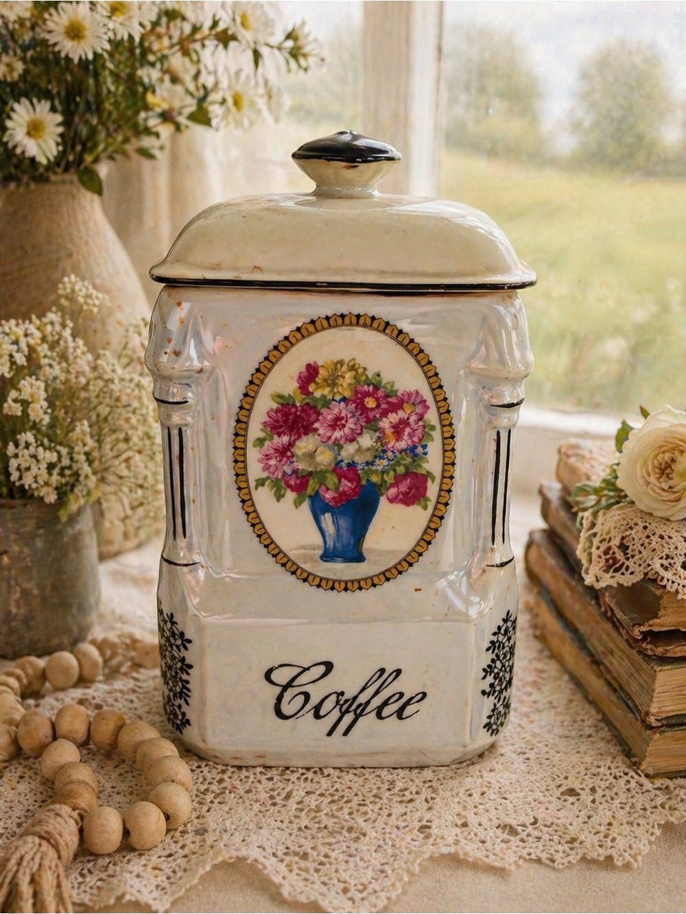 Vintage Floral Coffee Canister - Cream with Blue and Pink Accents